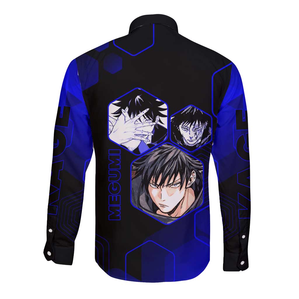 Megumi Fushiguro Jujutsu Kaisen Blue Hexagon Design Long Sleeve Button Shirt with Shadow Techniques and Manga Style Art - The Mazicc