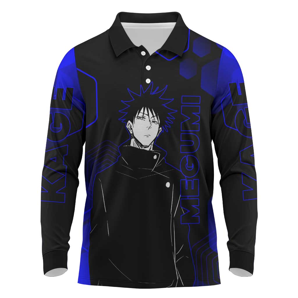 Megumi Fushiguro Jujutsu Kaisen Blue Hexagon Design Long Sleeve Polo Shirt with Shadow Techniques and Manga Style Art - The Mazicc
