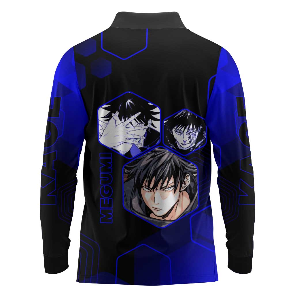 Megumi Fushiguro Jujutsu Kaisen Blue Hexagon Design Long Sleeve Polo Shirt with Shadow Techniques and Manga Style Art - The Mazicc