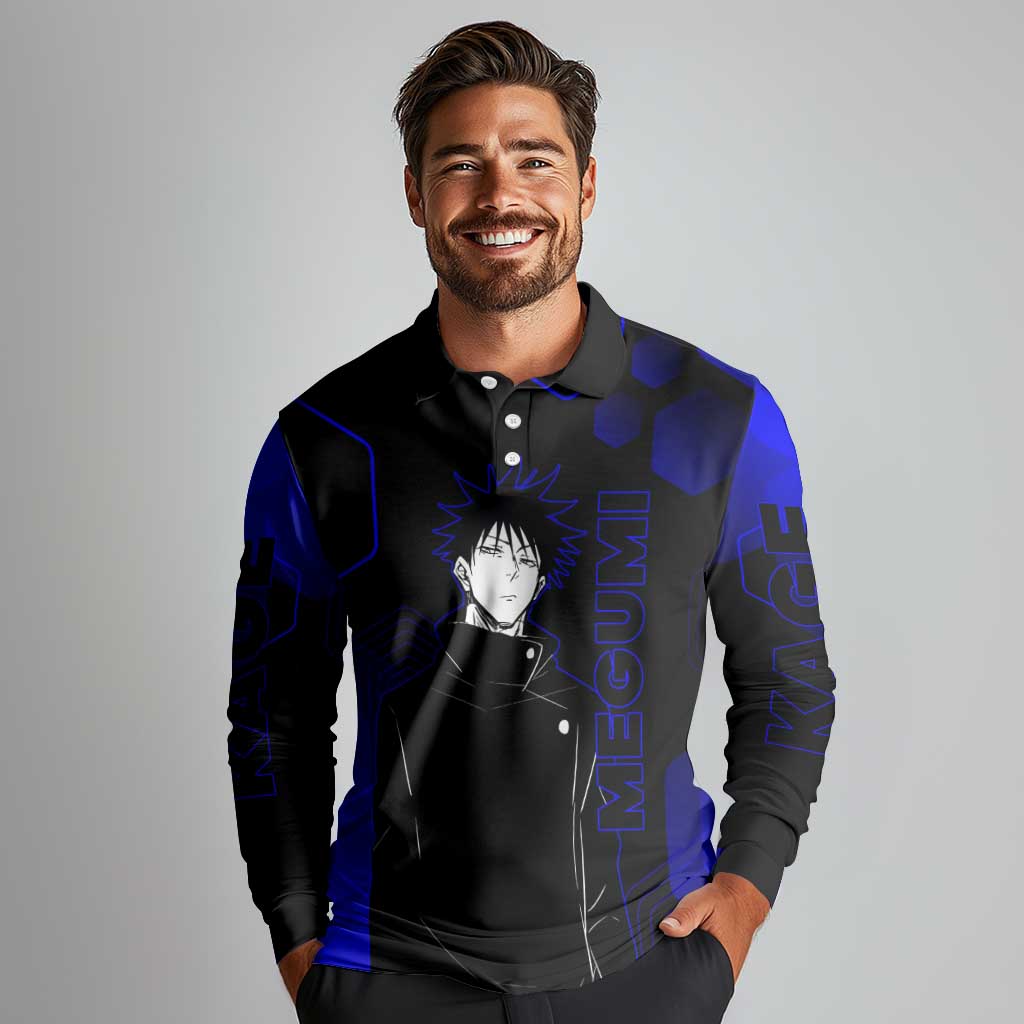 Megumi Fushiguro Jujutsu Kaisen Blue Hexagon Design Long Sleeve Polo Shirt with Shadow Techniques and Manga Style Art - The Mazicc
