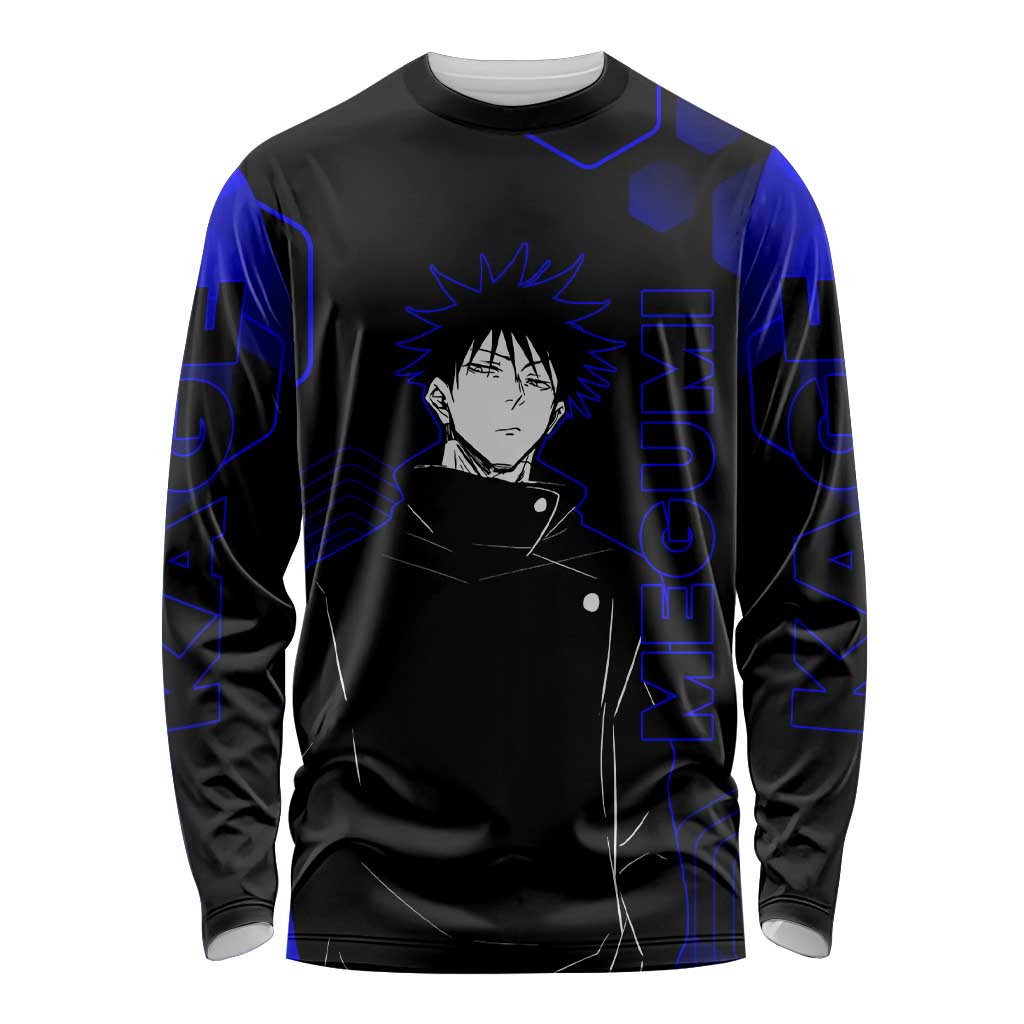 Megumi Fushiguro Jujutsu Kaisen Blue Hexagon Design Long Sleeve Shirt with Shadow Techniques and Manga Style Art - The Mazicc