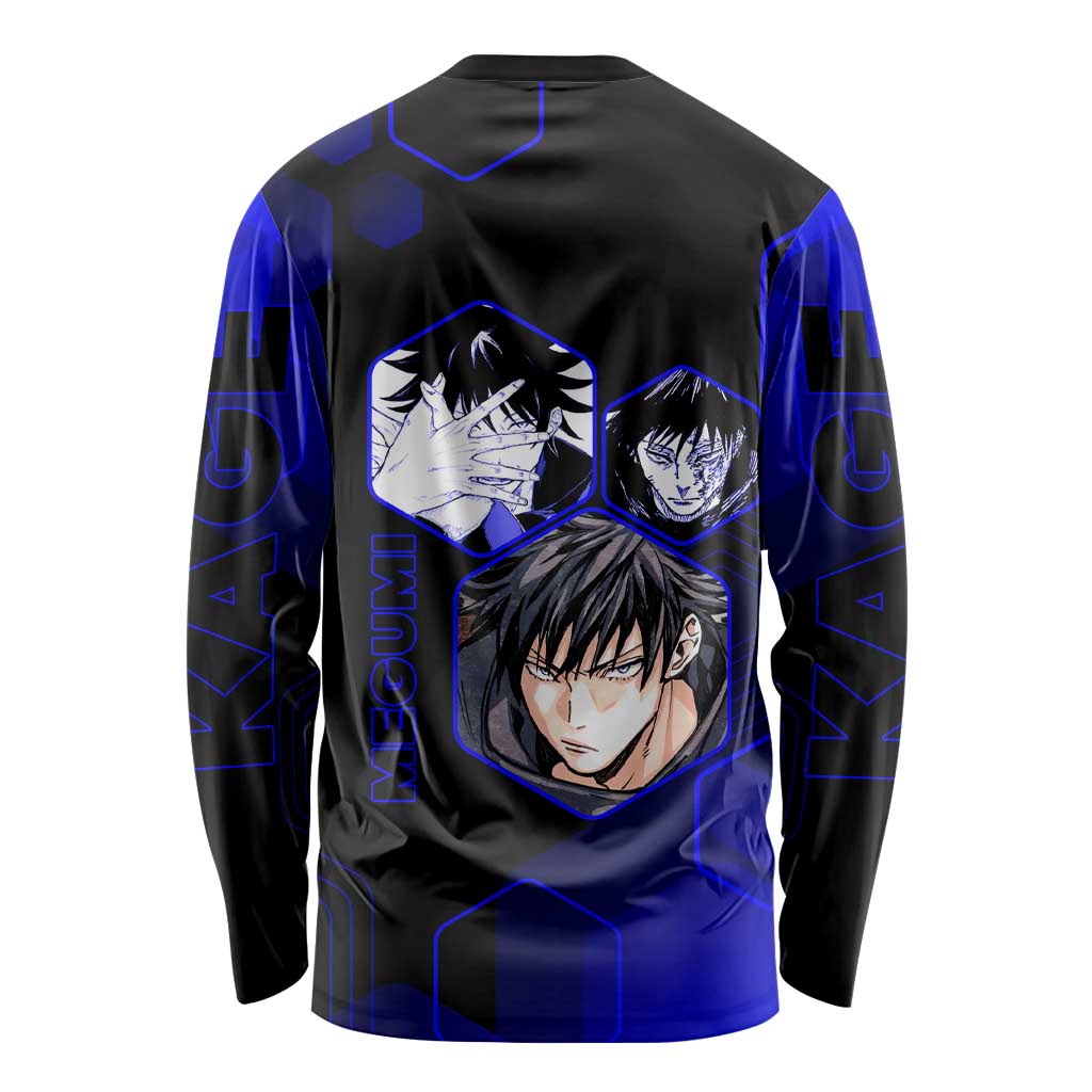 Megumi Fushiguro Jujutsu Kaisen Blue Hexagon Design Long Sleeve Shirt with Shadow Techniques and Manga Style Art - The Mazicc