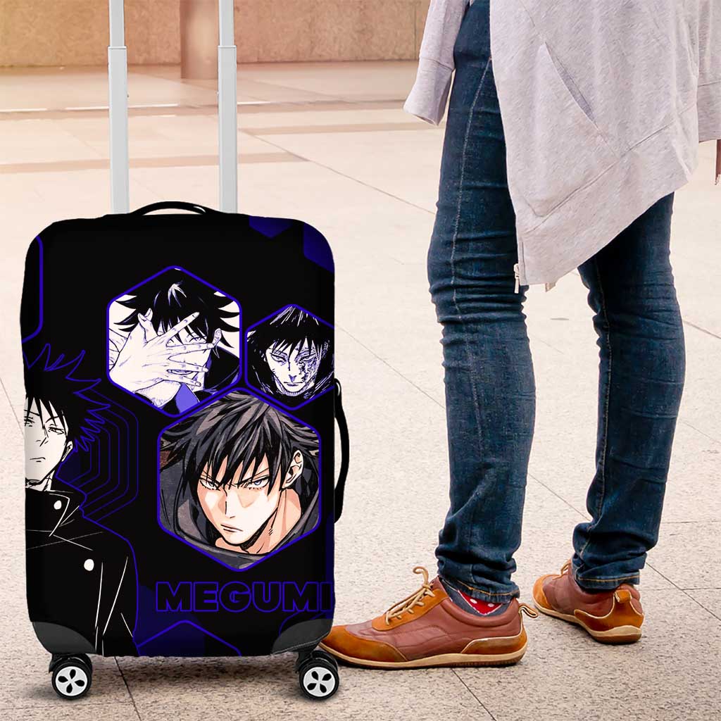 Megumi Fushiguro Jujutsu Kaisen Blue Hexagon Design Luggage Cover with Shadow Techniques and Manga Style Art - The Mazicc