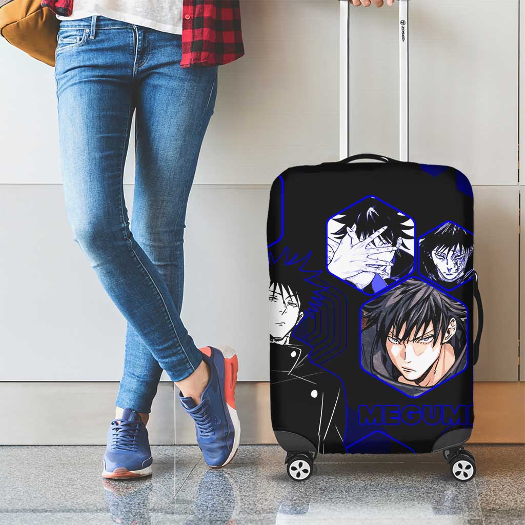 Megumi Fushiguro Jujutsu Kaisen Blue Hexagon Design Luggage Cover with Shadow Techniques and Manga Style Art - The Mazicc