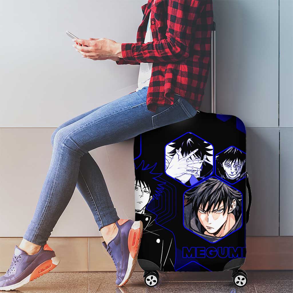 Megumi Fushiguro Jujutsu Kaisen Blue Hexagon Design Luggage Cover with Shadow Techniques and Manga Style Art - The Mazicc