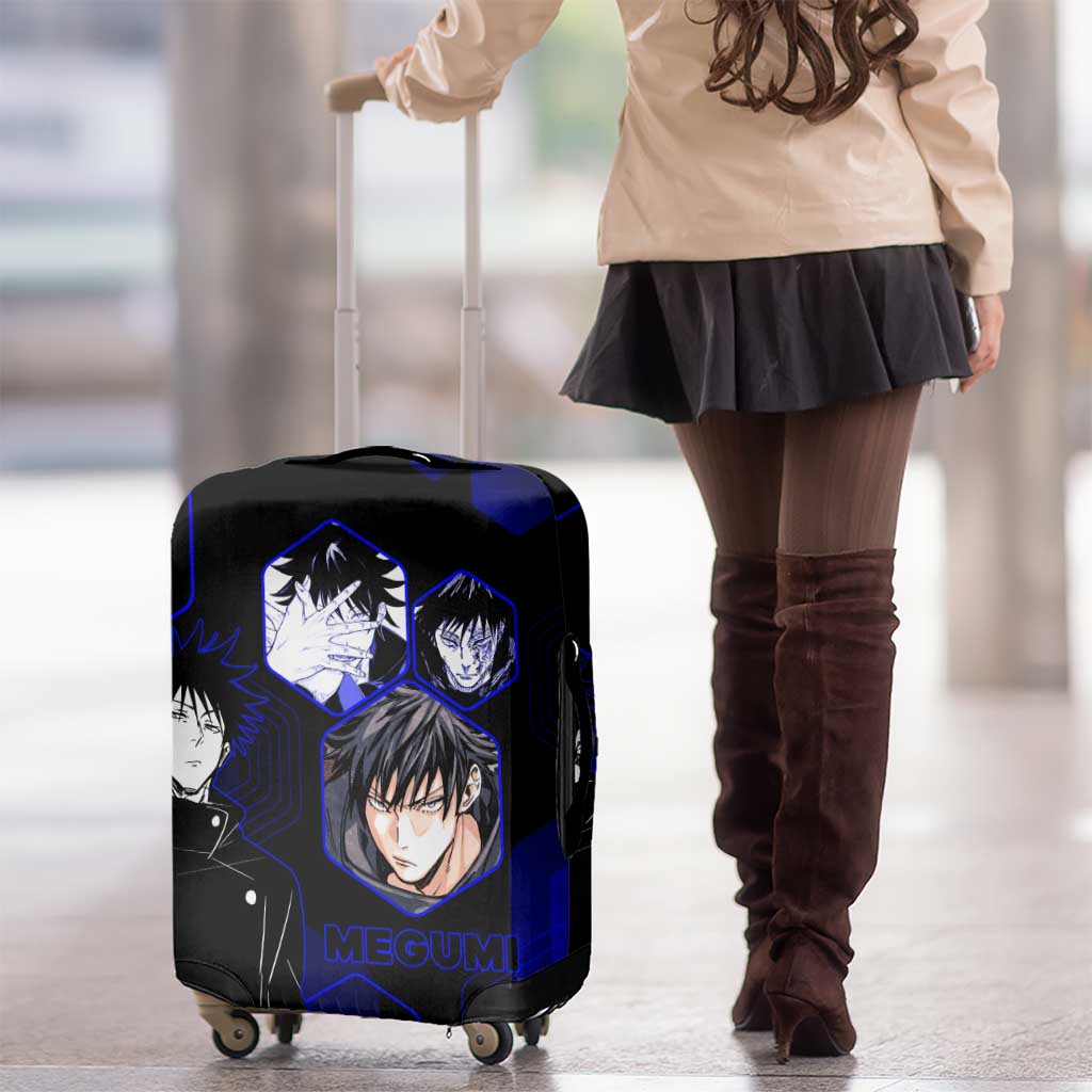 Megumi Fushiguro Jujutsu Kaisen Blue Hexagon Design Luggage Cover with Shadow Techniques and Manga Style Art - The Mazicc