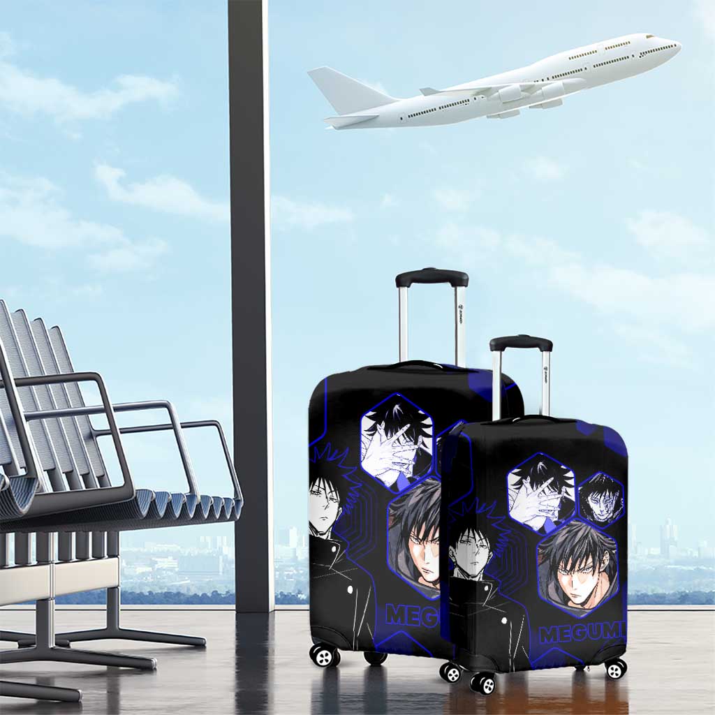Megumi Fushiguro Jujutsu Kaisen Blue Hexagon Design Luggage Cover with Shadow Techniques and Manga Style Art - The Mazicc