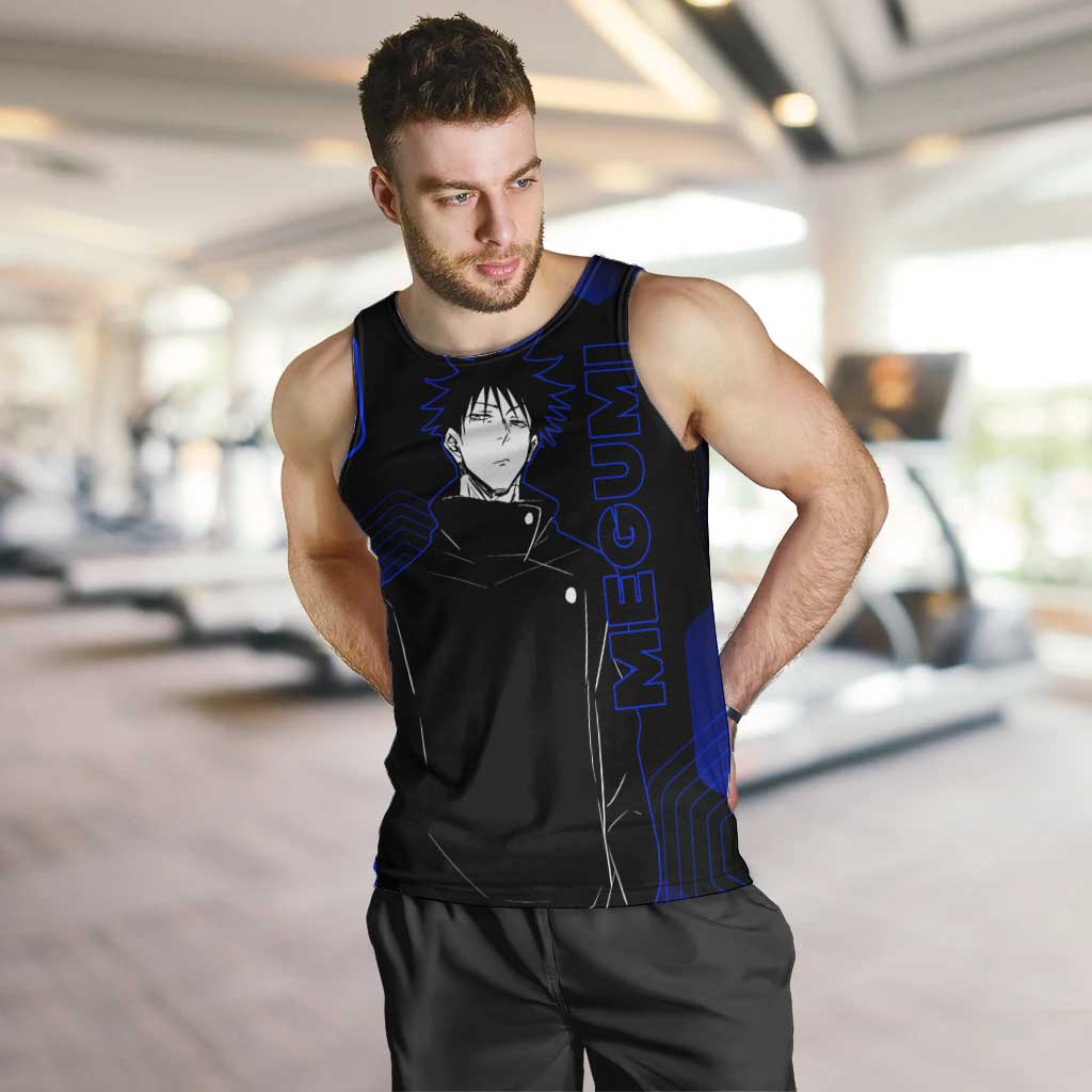 Megumi Fushiguro Jujutsu Kaisen Blue Hexagon Design Men Tank Top with Shadow Techniques and Manga Style Art - The Mazicc