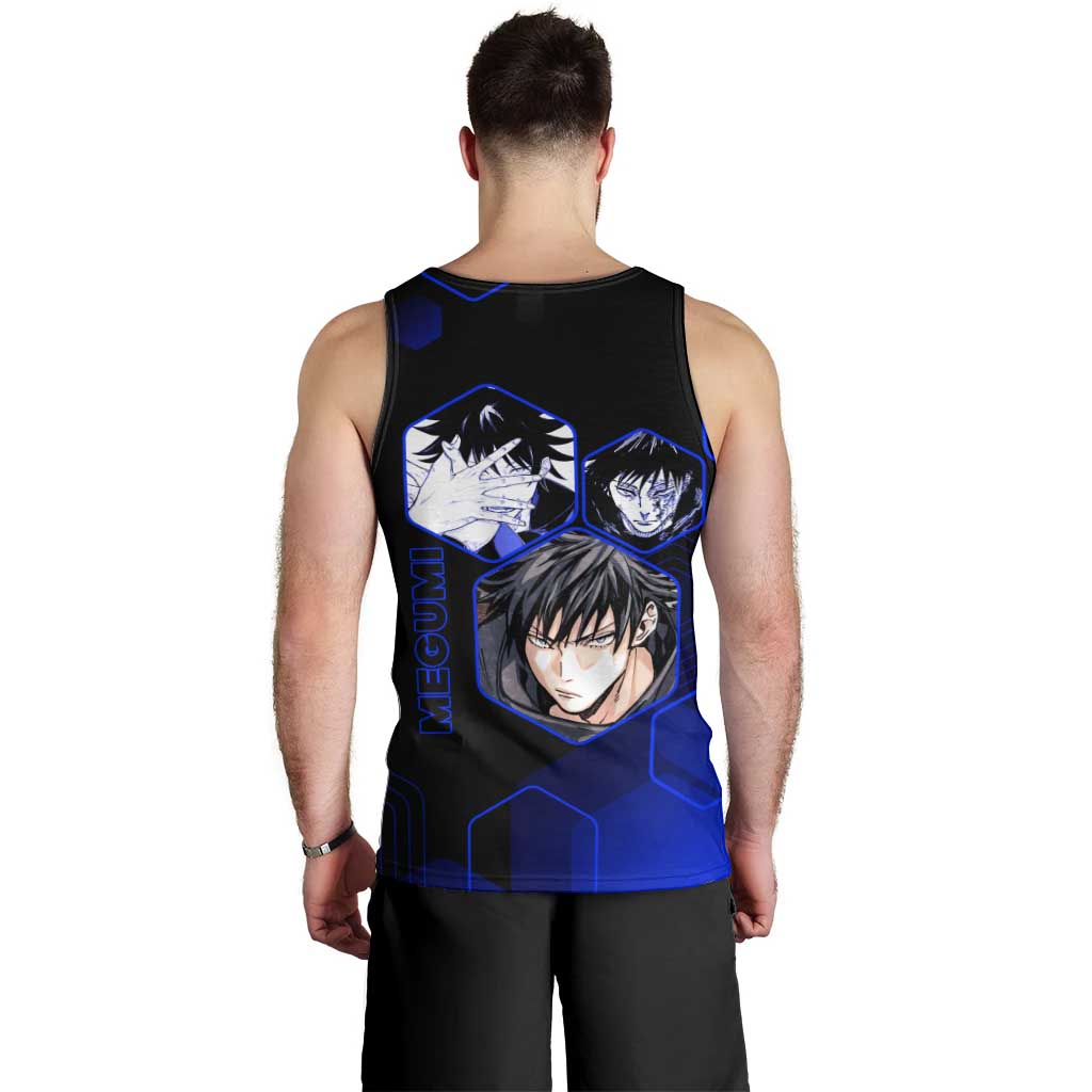 Megumi Fushiguro Jujutsu Kaisen Blue Hexagon Design Men Tank Top with Shadow Techniques and Manga Style Art - The Mazicc