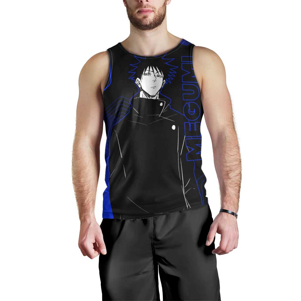 Megumi Fushiguro Jujutsu Kaisen Blue Hexagon Design Men Tank Top with Shadow Techniques and Manga Style Art - The Mazicc