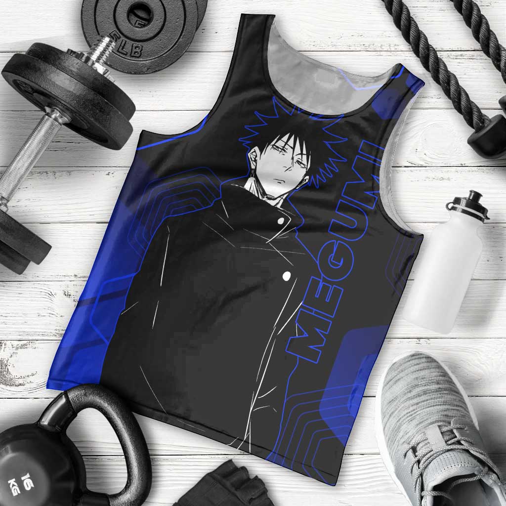 Megumi Fushiguro Jujutsu Kaisen Blue Hexagon Design Men Tank Top with Shadow Techniques and Manga Style Art - The Mazicc