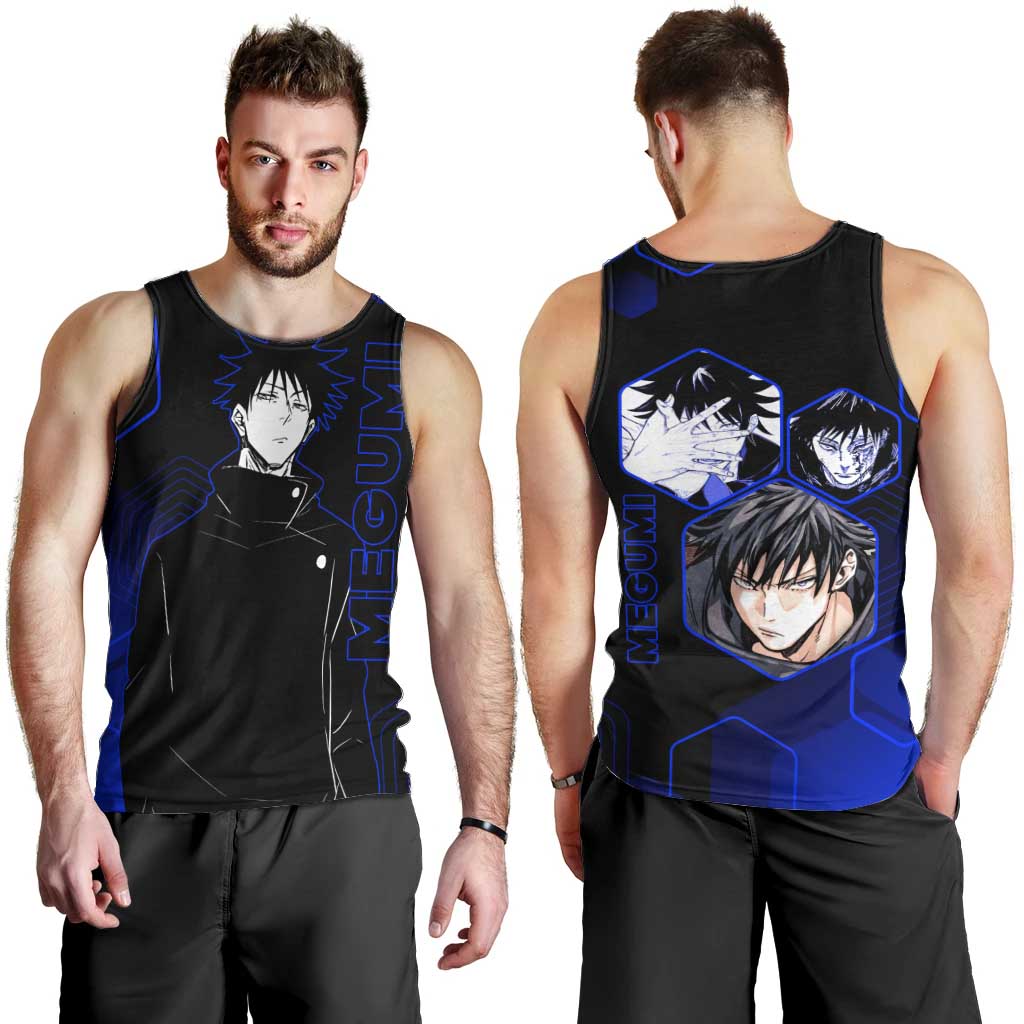 Megumi Fushiguro Jujutsu Kaisen Blue Hexagon Design Men Tank Top with Shadow Techniques and Manga Style Art - The Mazicc