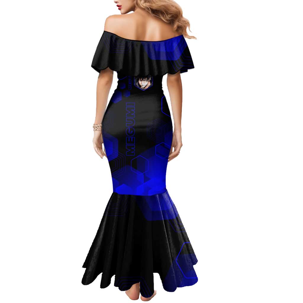 Megumi Fushiguro Jujutsu Kaisen Blue Hexagon Design Mermaid Dress with Shadow Techniques and Manga Style Art - The Mazicc