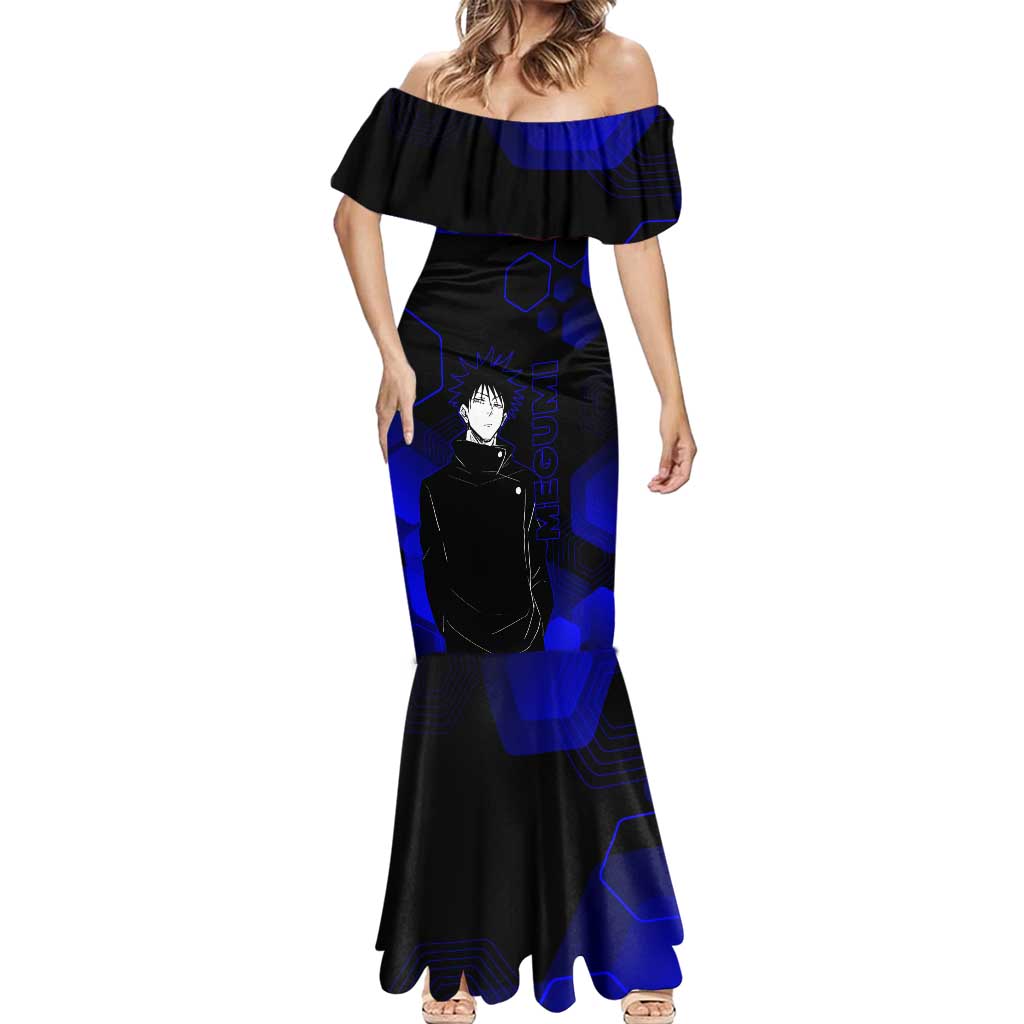 Megumi Fushiguro Jujutsu Kaisen Blue Hexagon Design Mermaid Dress with Shadow Techniques and Manga Style Art - The Mazicc