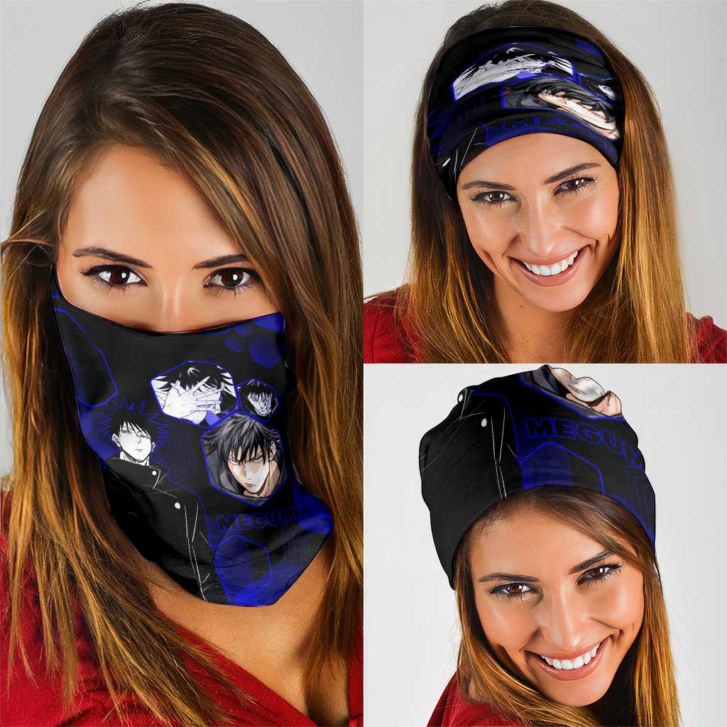 Megumi Fushiguro Jujutsu Kaisen Blue Hexagon Design Neck Gaiter with Shadow Techniques and Manga Style Art - The Mazicc