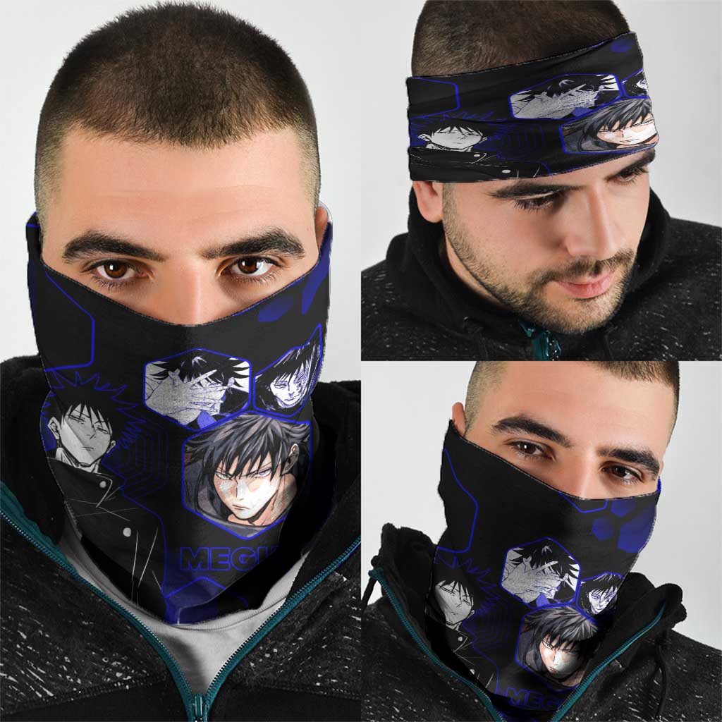 Megumi Fushiguro Jujutsu Kaisen Blue Hexagon Design Neck Gaiter with Shadow Techniques and Manga Style Art - The Mazicc