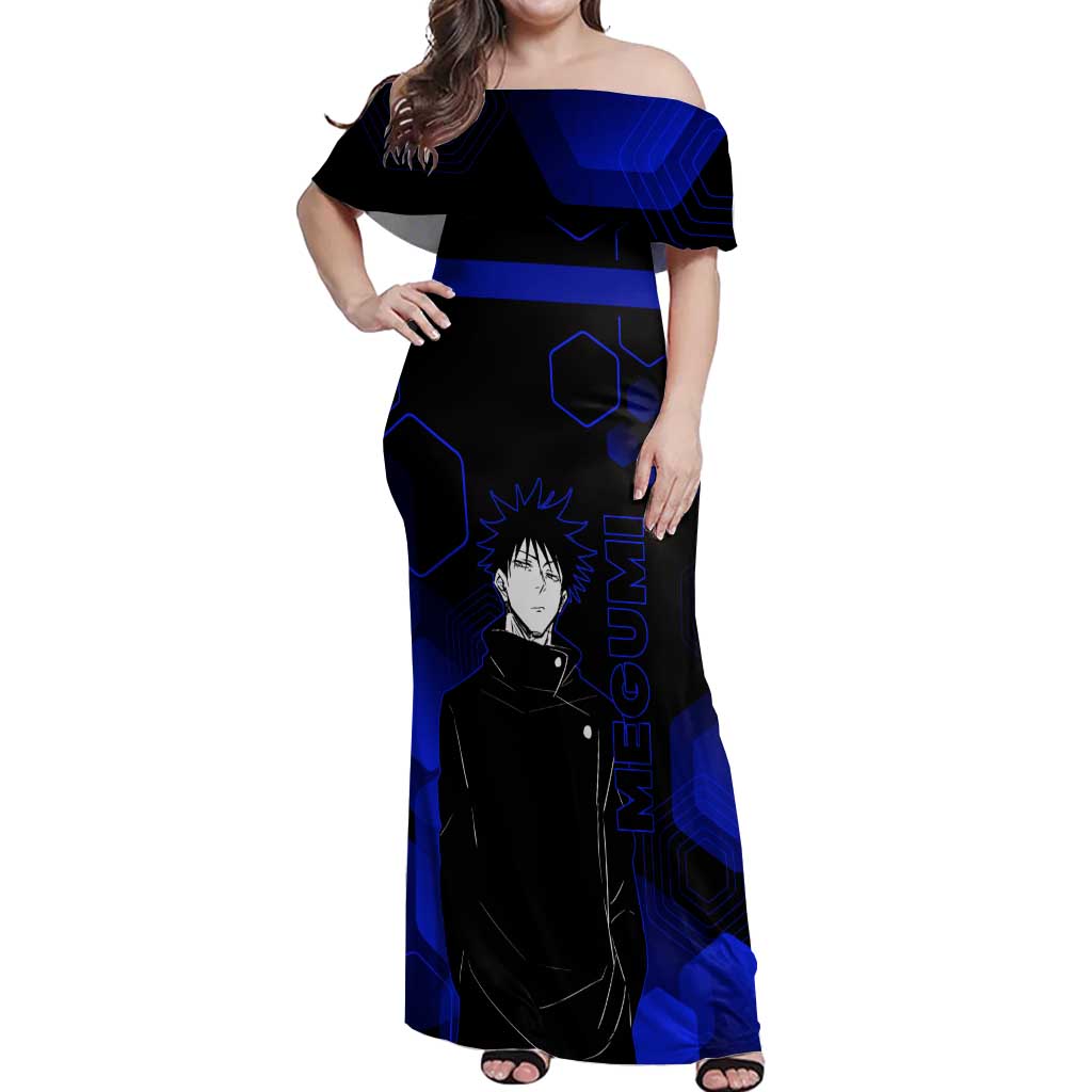 Megumi Fushiguro Jujutsu Kaisen Blue Hexagon Design Off Shoulder Maxi Dress with Shadow Techniques and Manga Style Art - The Mazicc