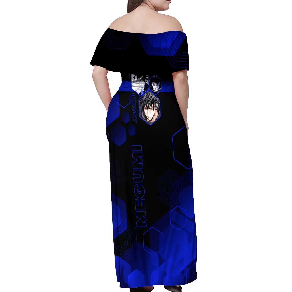 Megumi Fushiguro Jujutsu Kaisen Blue Hexagon Design Off Shoulder Maxi Dress with Shadow Techniques and Manga Style Art - The Mazicc