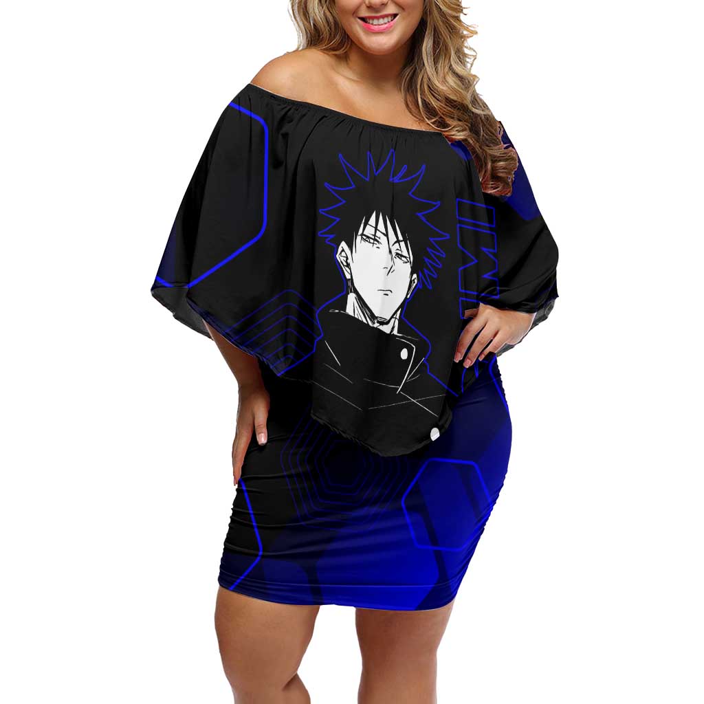 Megumi Fushiguro Jujutsu Kaisen Blue Hexagon Design Off Shoulder Short Dress with Shadow Techniques and Manga Style Art - The Mazicc