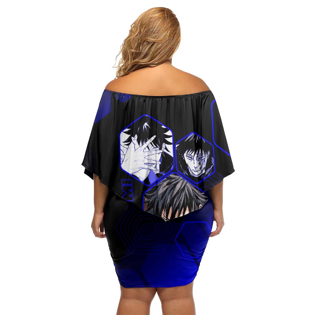 Megumi Fushiguro Jujutsu Kaisen Blue Hexagon Design Off Shoulder Short Dress with Shadow Techniques and Manga Style Art - The Mazicc