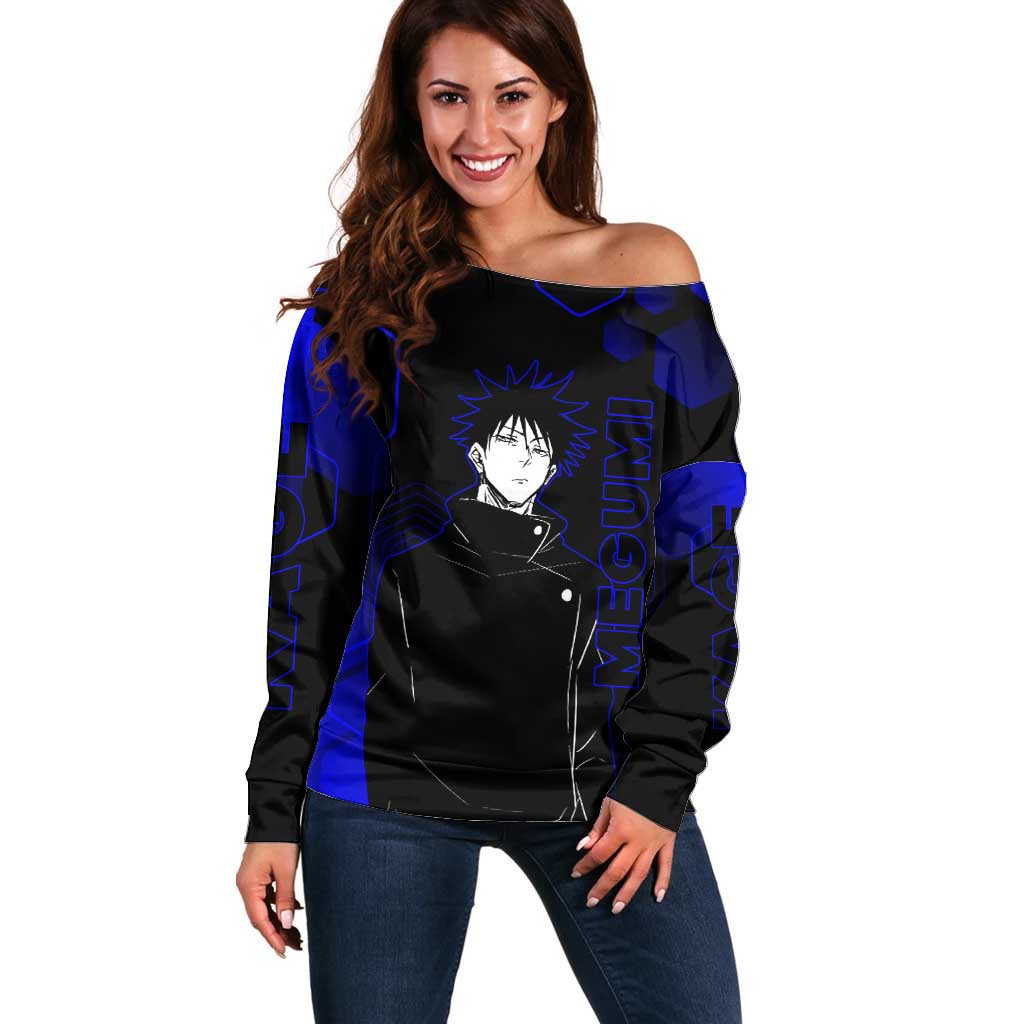 Megumi Fushiguro Jujutsu Kaisen Blue Hexagon Design Off Shoulder Sweater with Shadow Techniques and Manga Style Art - The Mazicc