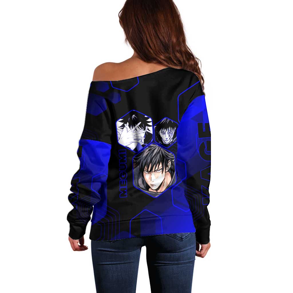 Megumi Fushiguro Jujutsu Kaisen Blue Hexagon Design Off Shoulder Sweater with Shadow Techniques and Manga Style Art - The Mazicc