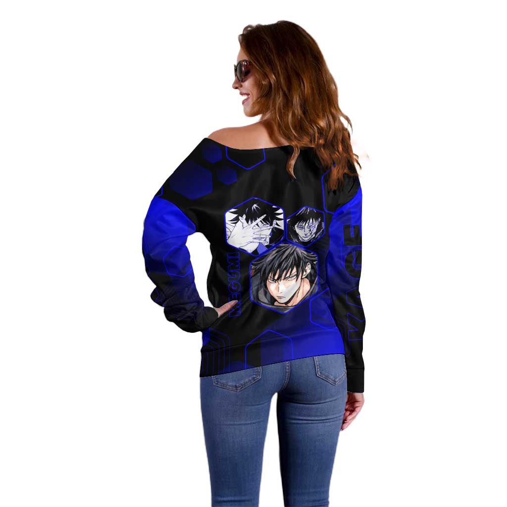 Megumi Fushiguro Jujutsu Kaisen Blue Hexagon Design Off Shoulder Sweater with Shadow Techniques and Manga Style Art - The Mazicc