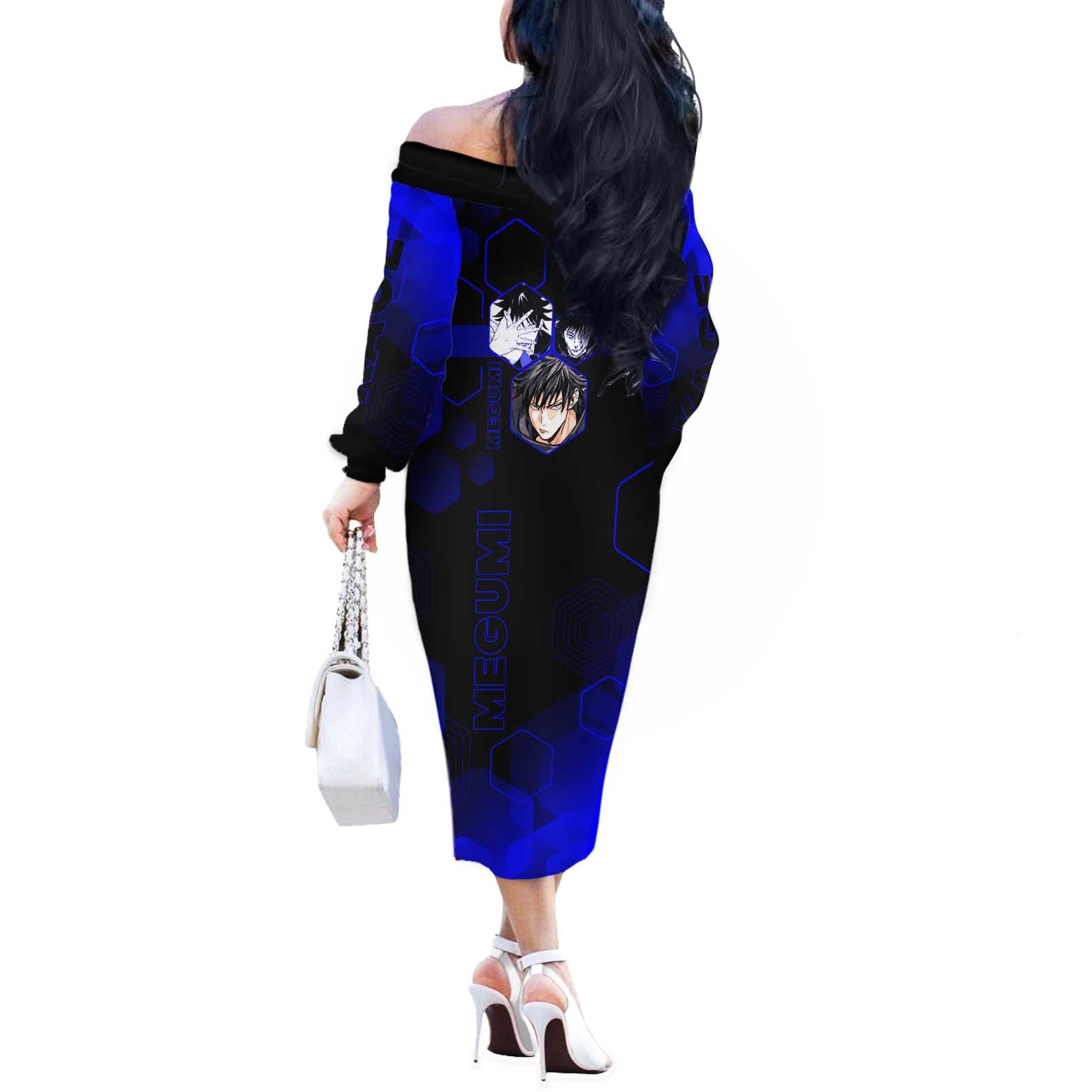 Megumi Fushiguro Jujutsu Kaisen Blue Hexagon Design Off The Shoulder Long Sleeve Dress with Shadow Techniques and Manga Style Art - The Mazicc