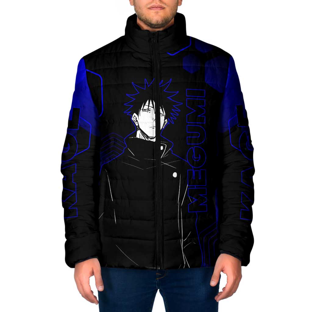 Megumi Fushiguro Jujutsu Kaisen Blue Hexagon Design Padded Jacket with Shadow Techniques and Manga Style Art - The Mazicc
