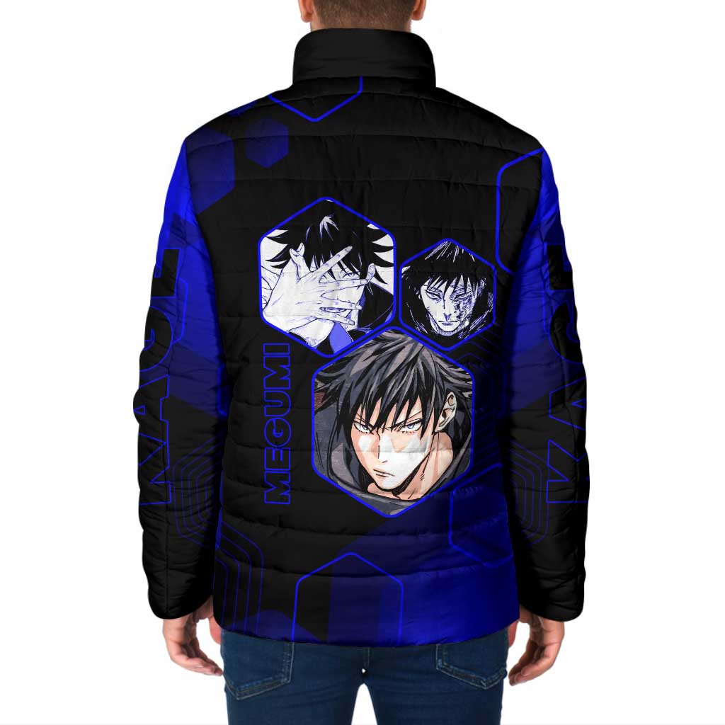 Megumi Fushiguro Jujutsu Kaisen Blue Hexagon Design Padded Jacket with Shadow Techniques and Manga Style Art - The Mazicc
