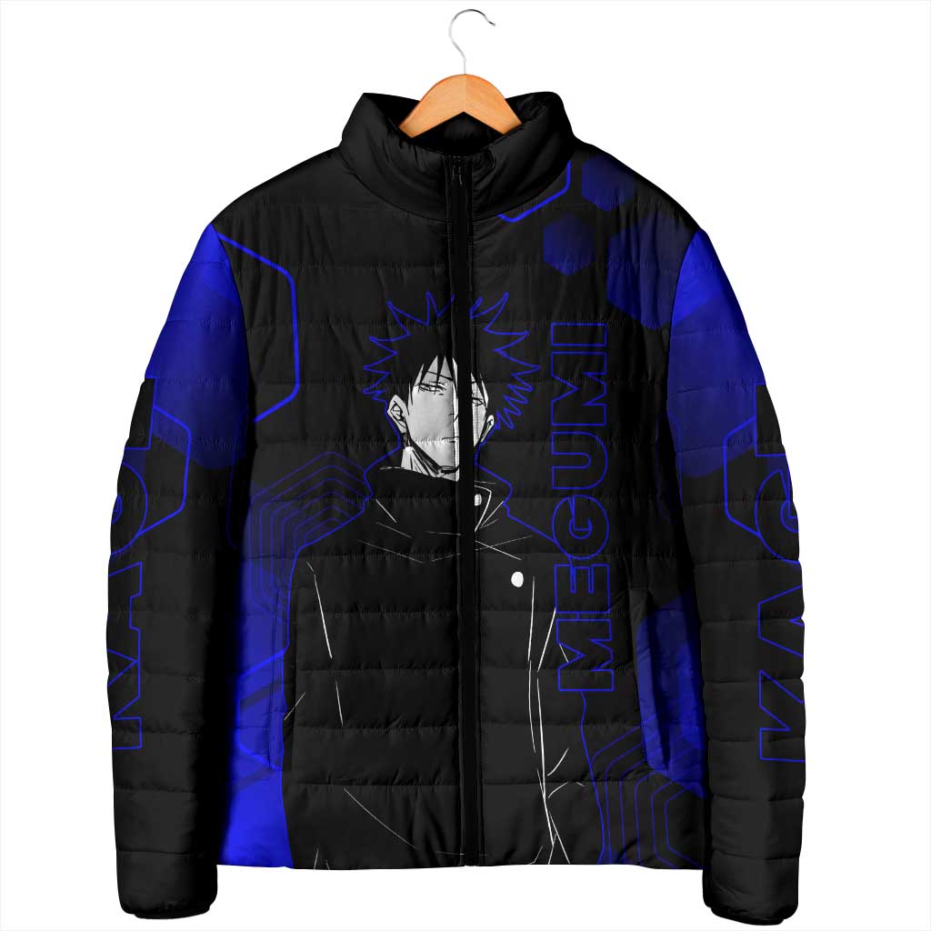 Megumi Fushiguro Jujutsu Kaisen Blue Hexagon Design Padded Jacket with Shadow Techniques and Manga Style Art - The Mazicc