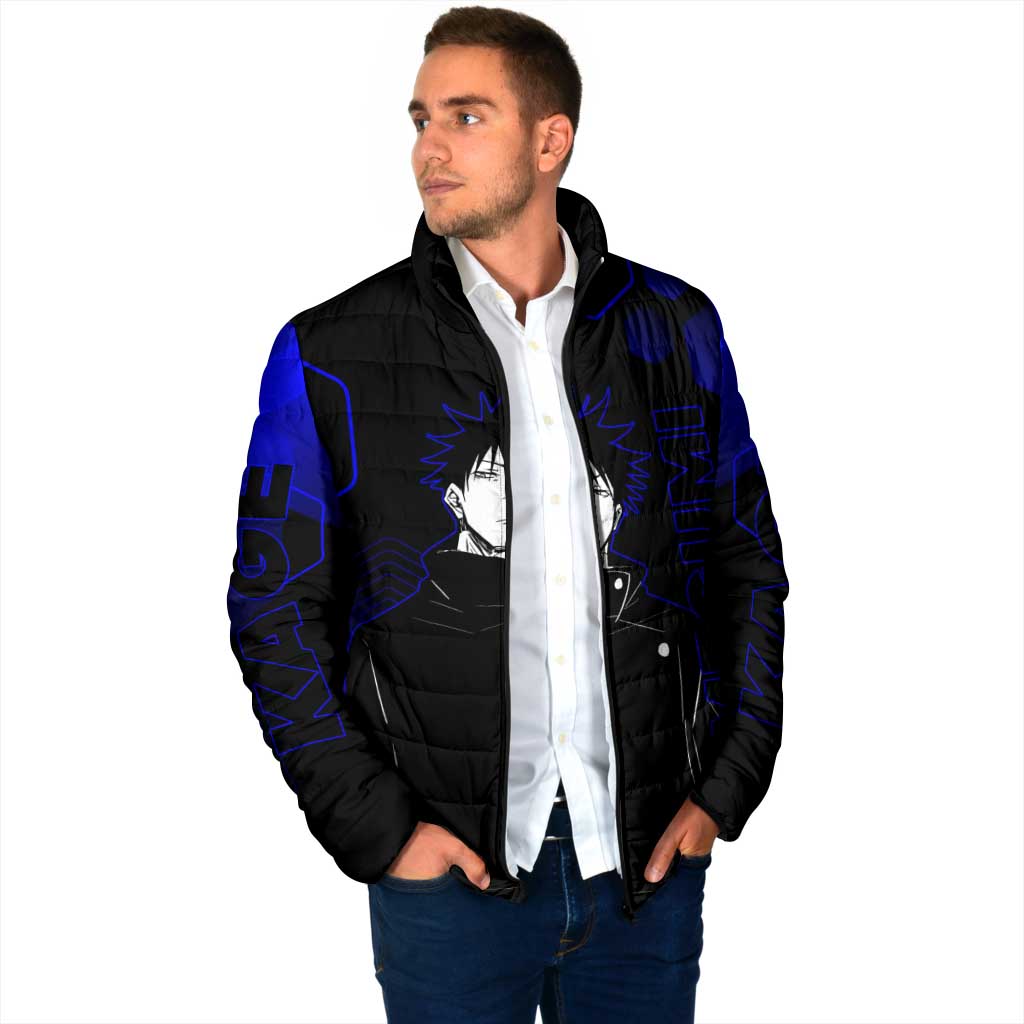 Megumi Fushiguro Jujutsu Kaisen Blue Hexagon Design Padded Jacket with Shadow Techniques and Manga Style Art - The Mazicc