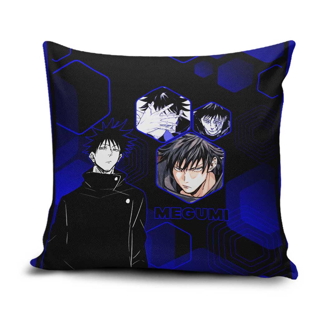 Megumi Fushiguro Jujutsu Kaisen Blue Hexagon Design Pillow Cover with Shadow Techniques and Manga Style Art - The Mazicc