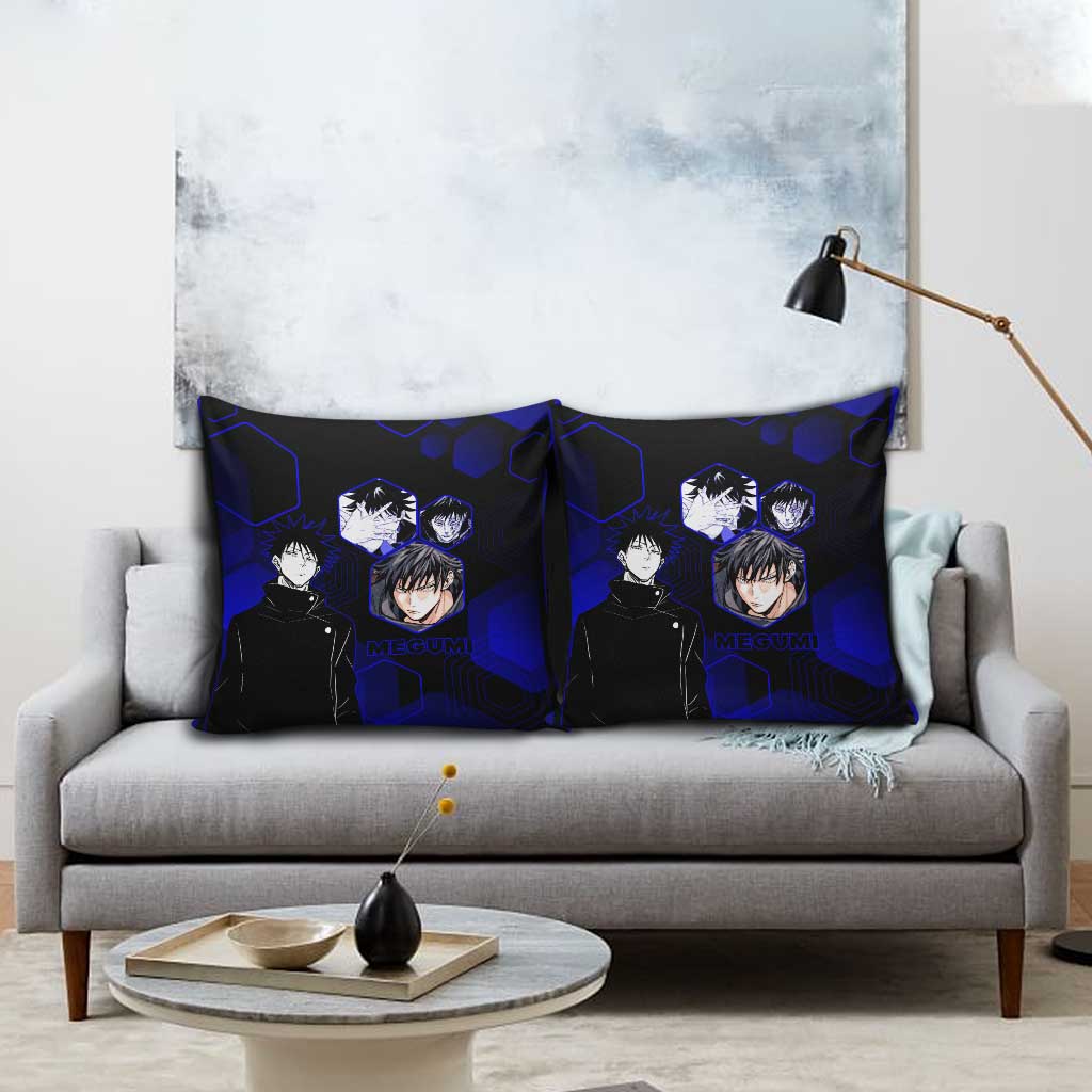 Megumi Fushiguro Jujutsu Kaisen Blue Hexagon Design Pillow Cover with Shadow Techniques and Manga Style Art - The Mazicc