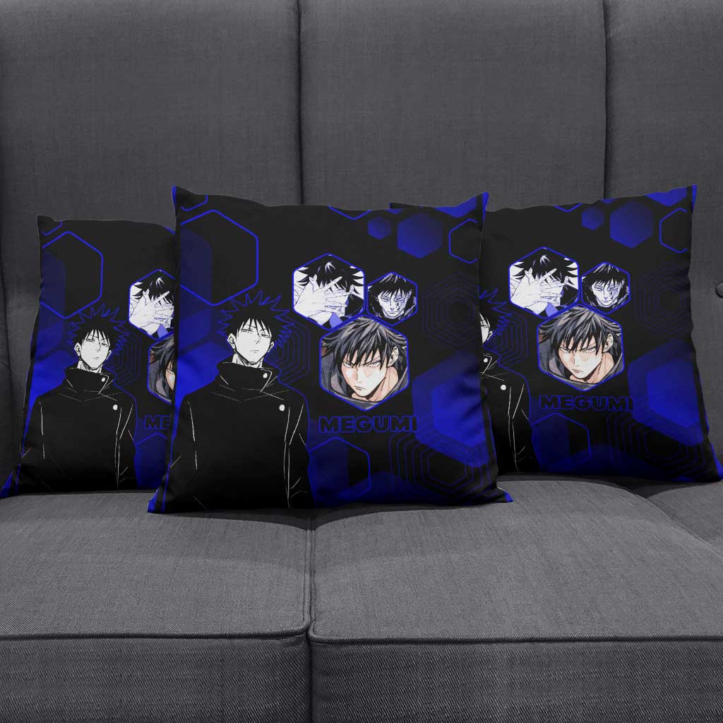 Megumi Fushiguro Jujutsu Kaisen Blue Hexagon Design Pillow Cover with Shadow Techniques and Manga Style Art - The Mazicc