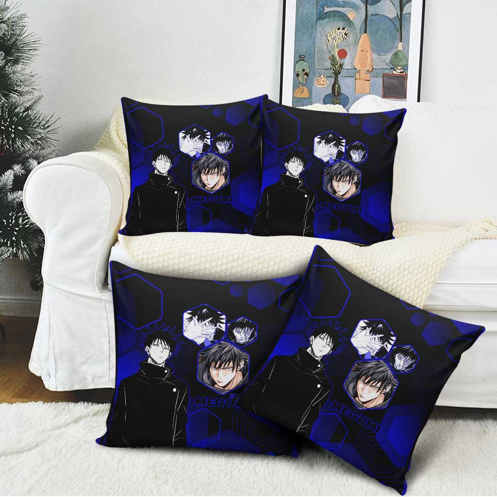 Megumi Fushiguro Jujutsu Kaisen Blue Hexagon Design Pillow Cover with Shadow Techniques and Manga Style Art - The Mazicc