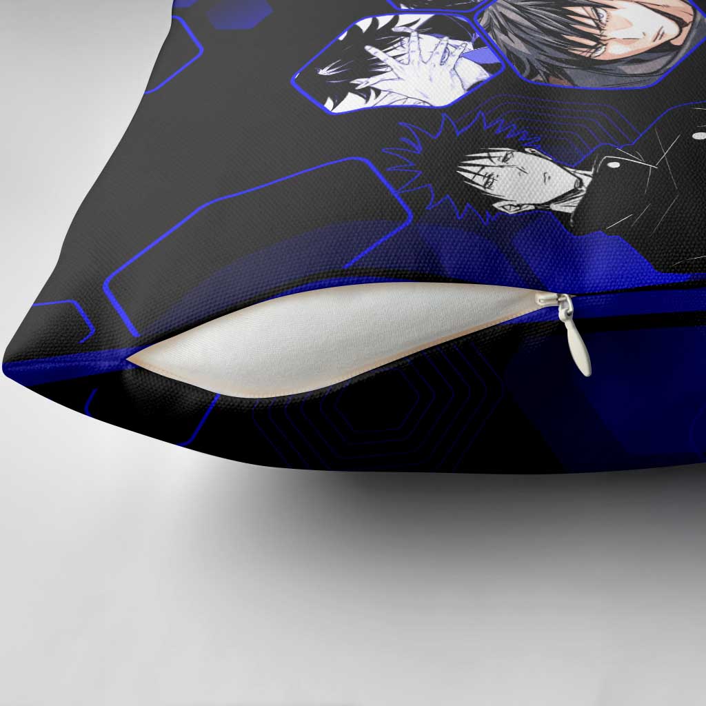 Megumi Fushiguro Jujutsu Kaisen Blue Hexagon Design Pillow Cover with Shadow Techniques and Manga Style Art - The Mazicc