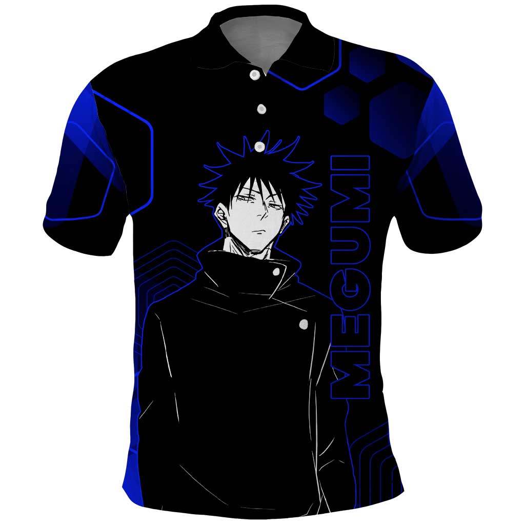 Megumi Fushiguro Jujutsu Kaisen Blue Hexagon Design Polo Shirt with Shadow Techniques and Manga Style Art - The Mazicc
