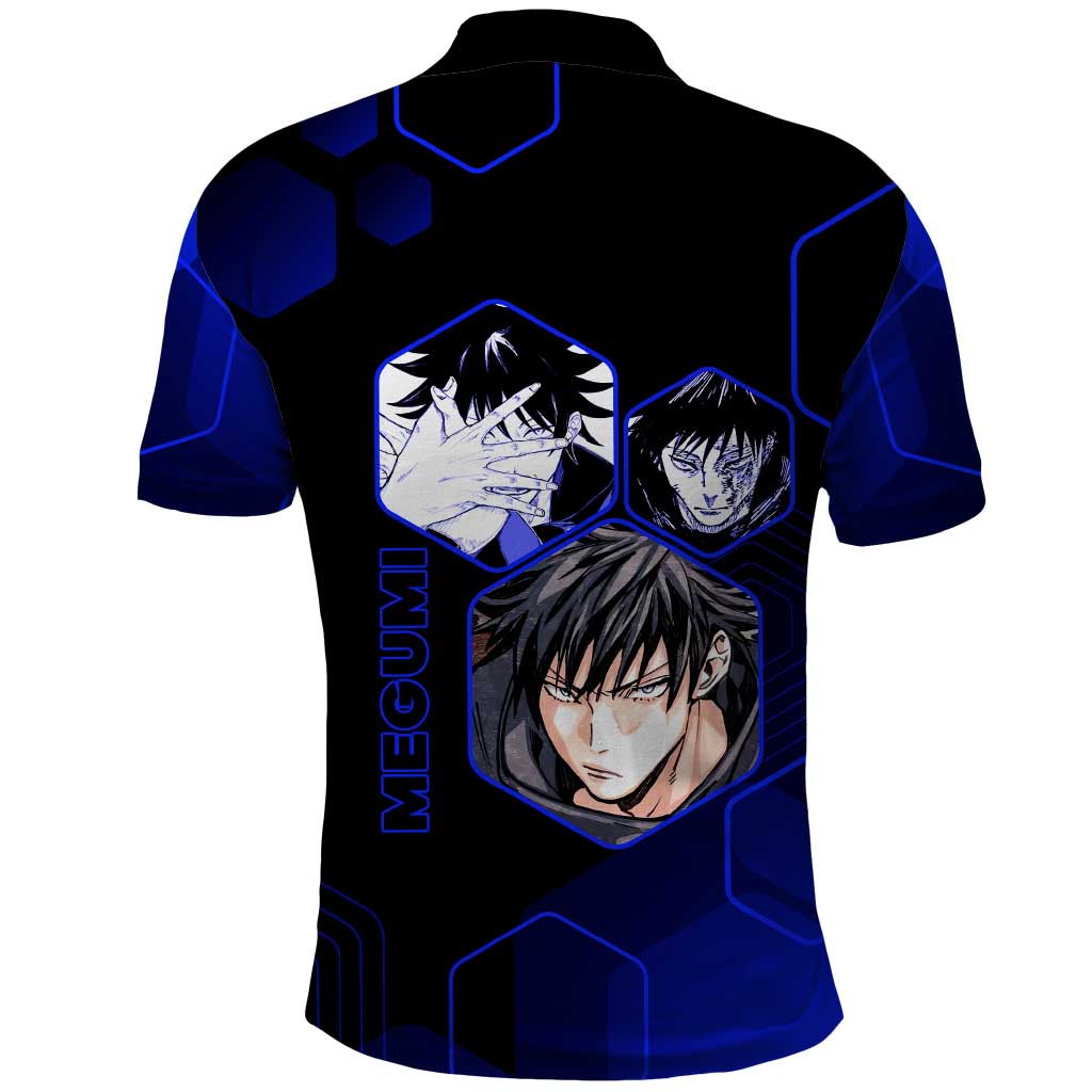 Megumi Fushiguro Jujutsu Kaisen Blue Hexagon Design Polo Shirt with Shadow Techniques and Manga Style Art - The Mazicc