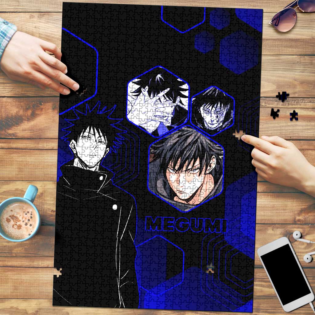 Megumi Fushiguro Jujutsu Kaisen Blue Hexagon Design Puzzle with Shadow Techniques and Manga Style Art - The Mazicc