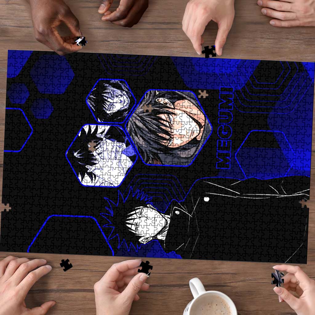Megumi Fushiguro Jujutsu Kaisen Blue Hexagon Design Puzzle with Shadow Techniques and Manga Style Art - The Mazicc