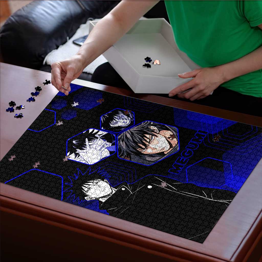 Megumi Fushiguro Jujutsu Kaisen Blue Hexagon Design Puzzle with Shadow Techniques and Manga Style Art - The Mazicc