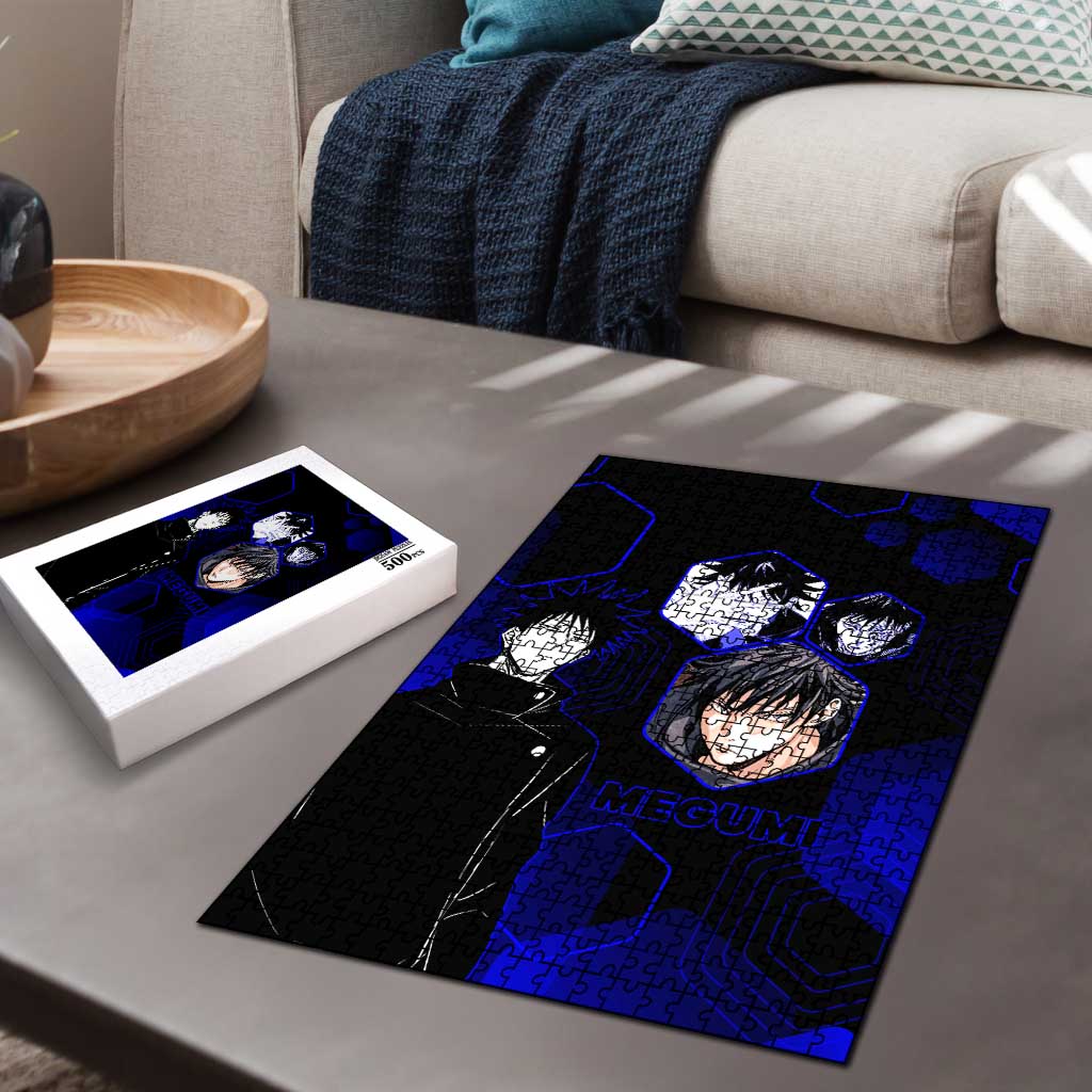 Megumi Fushiguro Jujutsu Kaisen Blue Hexagon Design Puzzle with Shadow Techniques and Manga Style Art - The Mazicc