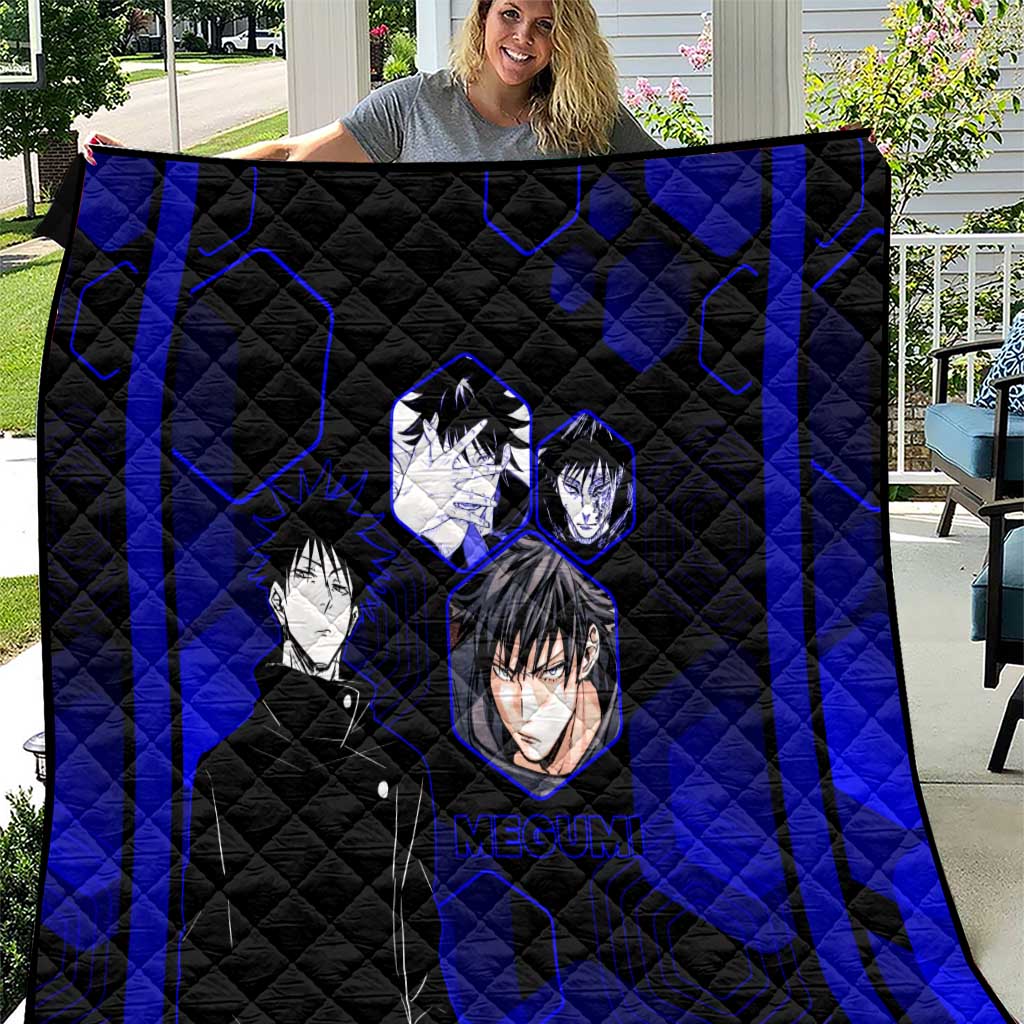 Megumi Fushiguro Jujutsu Kaisen Blue Hexagon Design Quilt with Shadow Techniques and Manga Style Art - The Mazicc