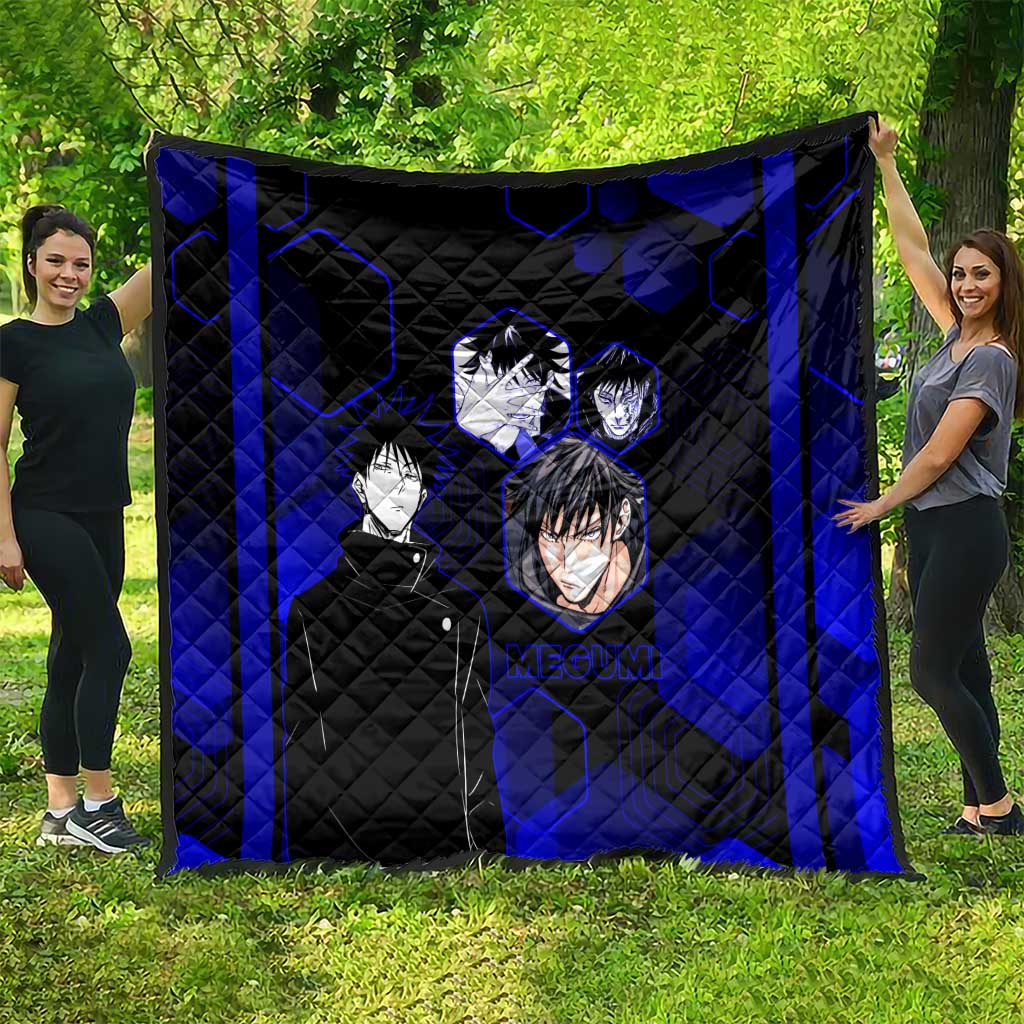 Megumi Fushiguro Jujutsu Kaisen Blue Hexagon Design Quilt with Shadow Techniques and Manga Style Art - The Mazicc