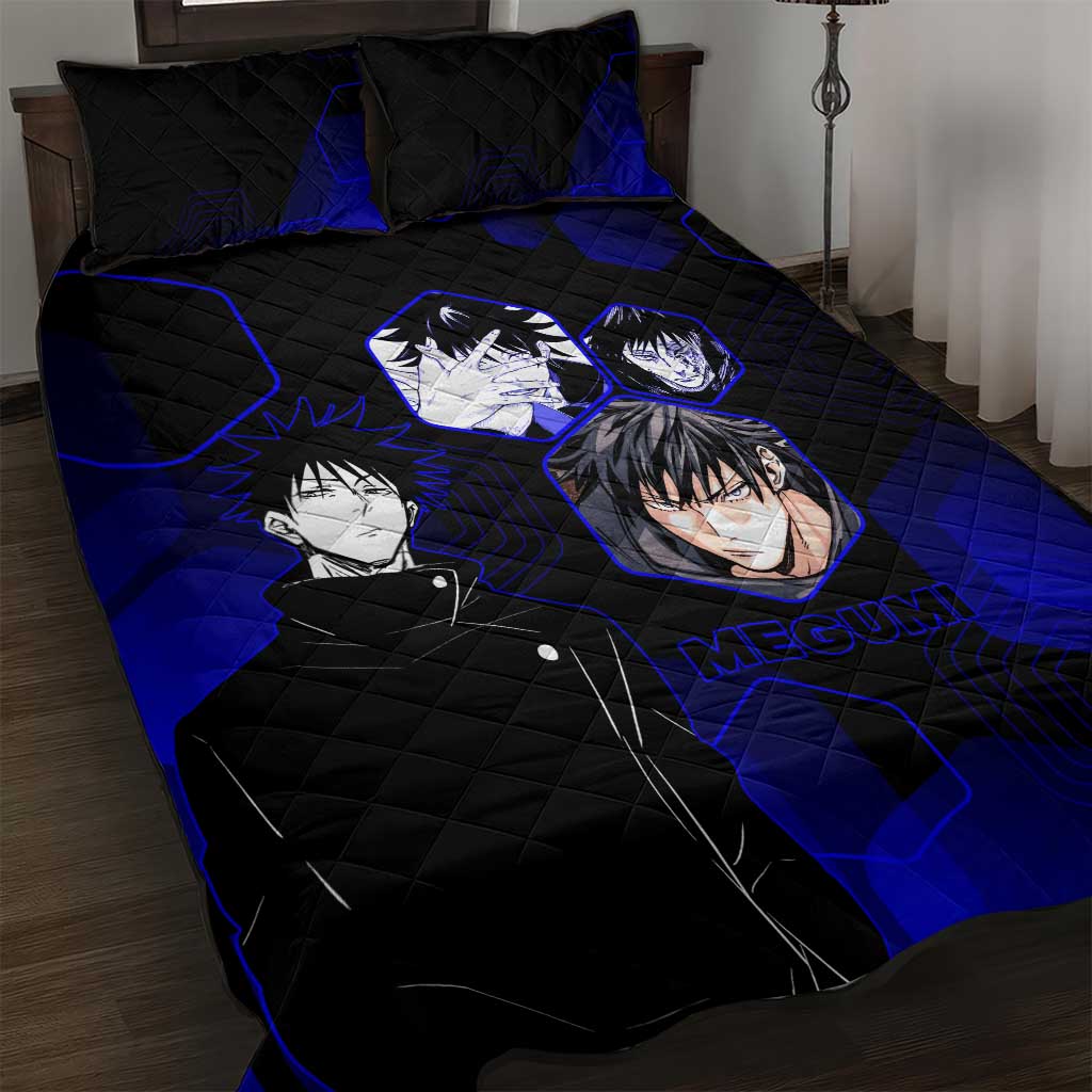 Megumi Fushiguro Jujutsu Kaisen Blue Hexagon Design Quilt Bed Set with Shadow Techniques and Manga Style Art - The Mazicc