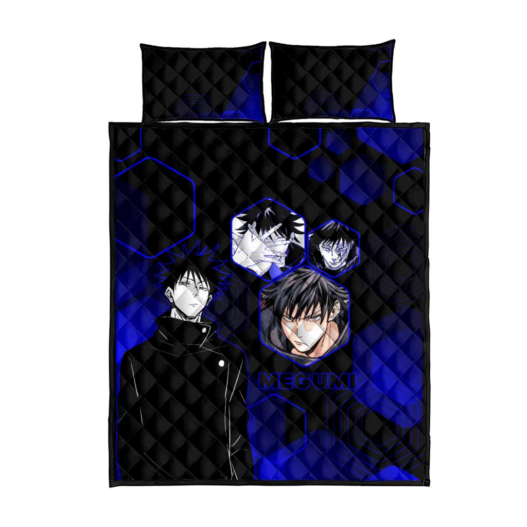 Megumi Fushiguro Jujutsu Kaisen Blue Hexagon Design Quilt Bed Set with Shadow Techniques and Manga Style Art - The Mazicc