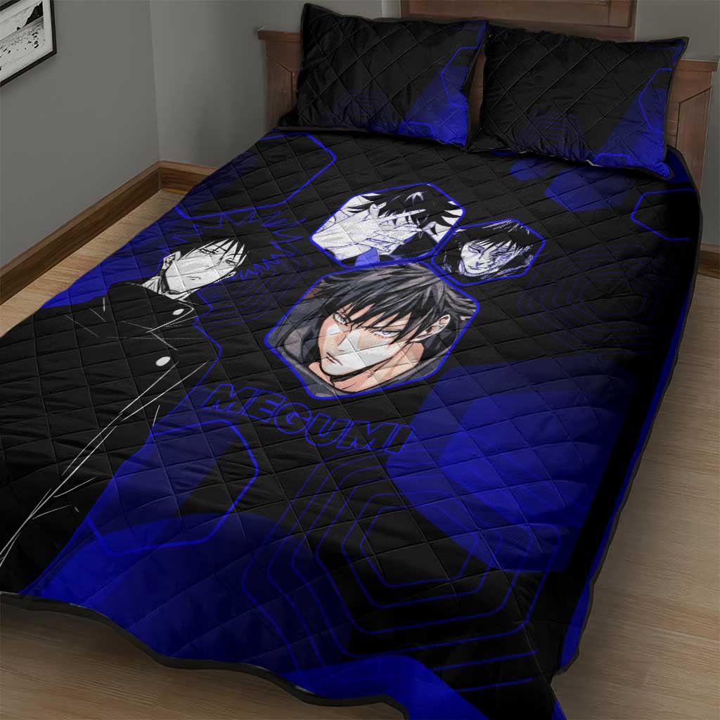 Megumi Fushiguro Jujutsu Kaisen Blue Hexagon Design Quilt Bed Set with Shadow Techniques and Manga Style Art - The Mazicc