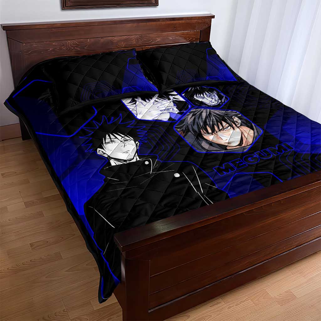 Megumi Fushiguro Jujutsu Kaisen Blue Hexagon Design Quilt Bed Set with Shadow Techniques and Manga Style Art - The Mazicc