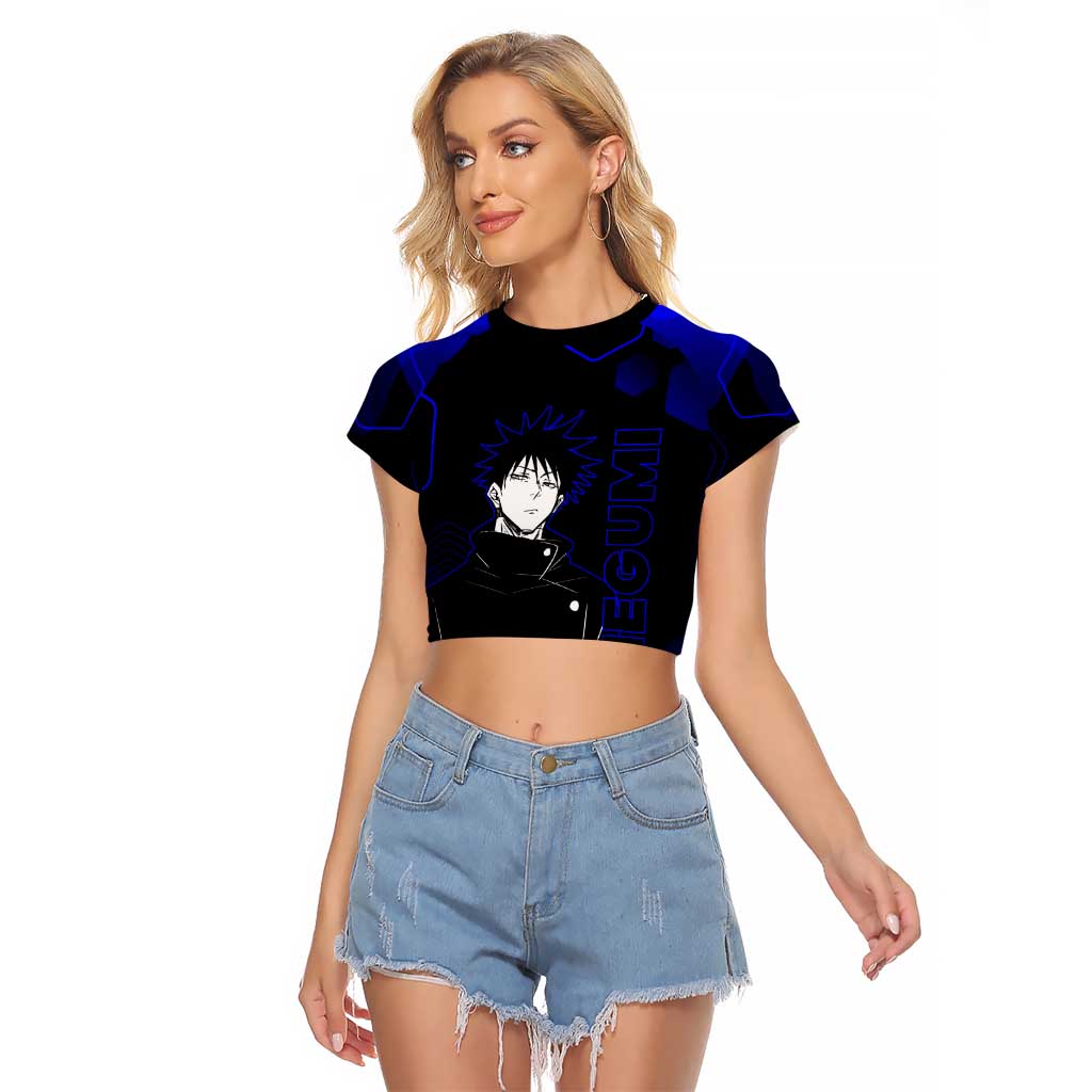 Megumi Fushiguro Jujutsu Kaisen Blue Hexagon Design Raglan Cropped T Shirt with Shadow Techniques and Manga Style Art - The Mazicc